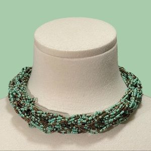 Multi Strand Turquoise Copper Braided Chain Beaded Choker Necklace